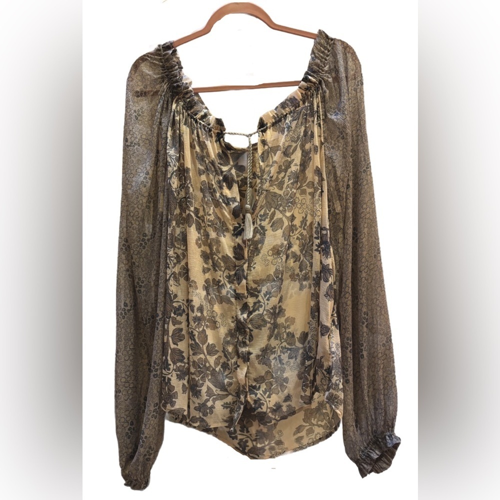 Free People HENDRIX Floral Peasant button down drawstring tassel blouse in ivory - Picture 2 of 8